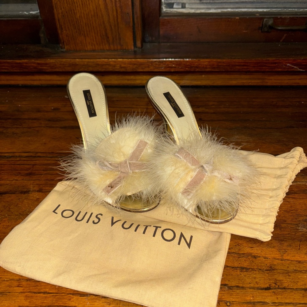 Louis Vuitton Cream, Gold & Pink Fur Slipper Heels